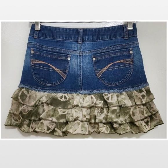 Justice Skorts Kid Girls Size 14 Blue Denim Distressed Camo Peace Ruffles Pocket - Picture 6 of 14